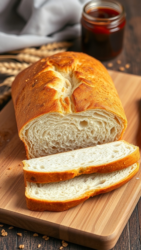 Slices of soft sourdough sandwich bread on a cutting board with a golden crust and airy crumb.